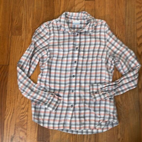 COLUMBIA Plaid Button Down Shirt Orange Grey Women’s Small Outdoors Hiking Fall - Picture 1 of 7